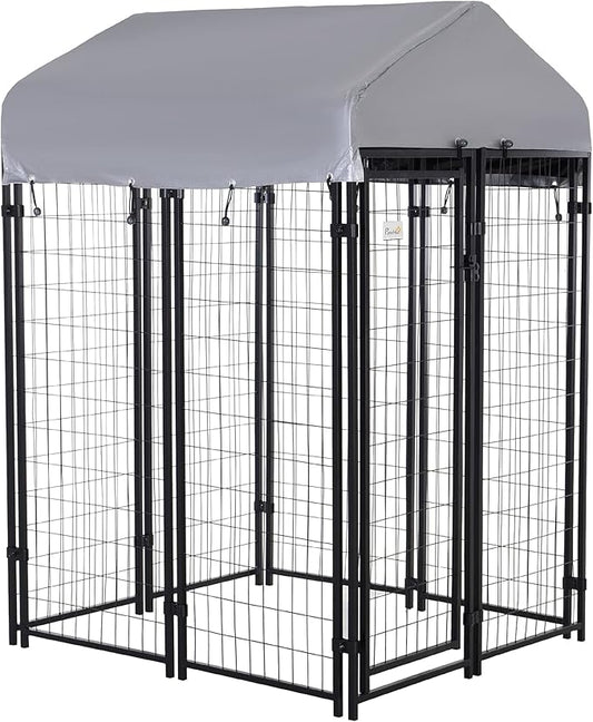 PawHut Outdoor Dog Kennel with Roof, 4' x 4' x 6' Heavy Duty Welded Wire Dog Playpen Enclosure with Escape-Proof Lock, UV-Resistant & Waterproof Cover, for Medium Dogs, Silver