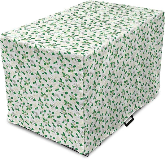 Lunarable Jasmine Dog Crate Cover, Gardenia Simplistic Romantic Flowers Continuous Pattern, Easy to Use Pet Kennel Cover for Medium Large Dogs, 42 Inch, Fern Green Pastel Yellow