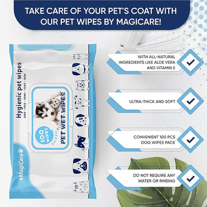 MAGICARE Pet Wipes – 100 pcs Dog Wipes – 8x8 Inch Unscented Dog Paw Cleaner Wipes for Body, Ears, Face, and Skin – Ultra Thick and Soft with Hypoallergenic Formula – Ideal Pet Wipes for Dogs & Cats