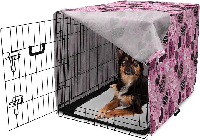Lunarable Hearts Dog Crate Cover, Sewing Themed Love with Polka Dots Valentine's Day Inspired Image, Easy to Use Pet Kennel Cover for Medium Large Dogs, 36 Inch, Pink Black White