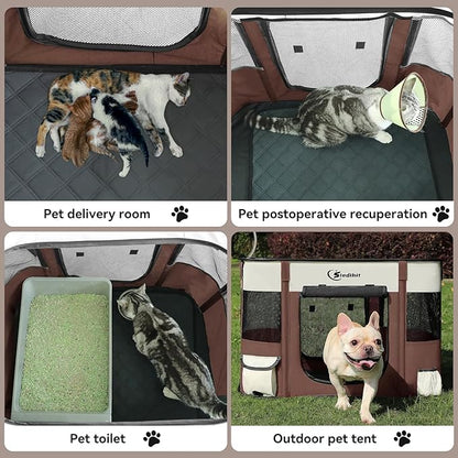 Dog Cat Playpen28/31/35in, Pet Puppy Portable Playpens for Outdoor Travel Crate, Indoor After Surgery Use, Foldable Dog Kennel Tent for Rabbit or Small Animals and Tent Stakes(Brown, Small)