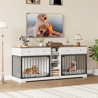 IDEALHOUSE 82” Large Dog Crate for 2 Dogs, Dog Kennel Indoor with 4 Drawers and Shelves, Double Dog Crate Furniture TV Stand, Wooden Dog Cage for Medium Large Dogs, White