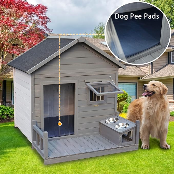 Outdoor Large Dogs House with Spacious Terrace,Open Waterproof Asphalt Roof Dog Kennel W/Breathable Window & 2 Feeding Stainless Bowls,Removable Floor Dog Cage for Large Dogs,Gray