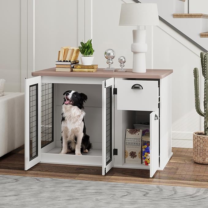 PawHut 44" Dog Crate End Table, Double Door Kennel With Storage Drawer, Indoor Furniture Style Cage for Medium Dogs, White