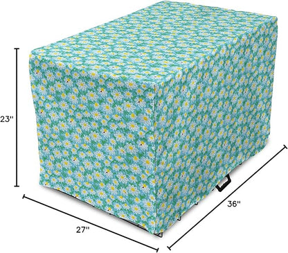 Lunarable Yellow and Blue Dog Crate Cover, Meadow Art Pattern with Ladybirds and Chamomile Daisy Blossoms, Easy to Use Pet Kennel Cover for Medium Large Dogs, 36 Inch, Aqua White Marigold