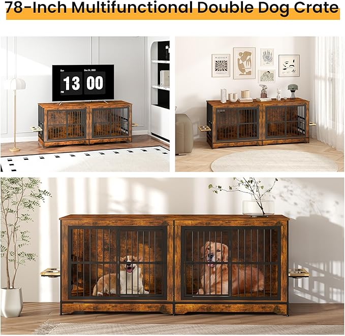 78 Inch Dog Crate Furniture with 4 Bowls, Double Dog Kennel Indoor with 360° Rotating and Adjustable Height Dog Bowl Holder, Brown Large Dog Wooden Crate with Divider for 2 Dogs