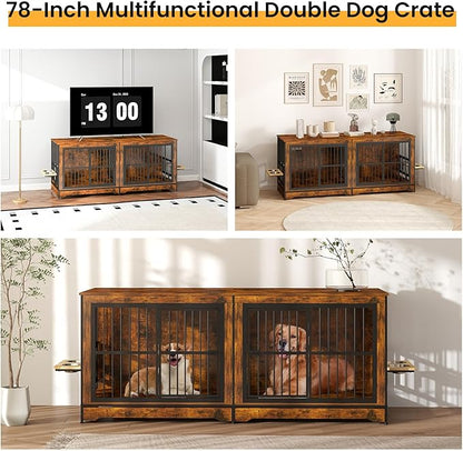 78 Inch Dog Crate Furniture with 4 Bowls, Double Dog Kennel Indoor with 360° Rotating and Adjustable Height Dog Bowl Holder, Brown Large Dog Wooden Crate with Divider for 2 Dogs