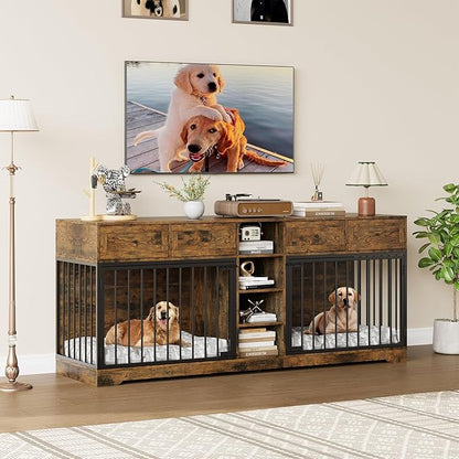 IDEALHOUSE 82” Large Dog Crate for 2 Dogs, Dog Kennel Indoor with 4 Drawers and Shelves, Double Dog Crate Furniture TV Stand, Wooden Dog Cage for Medium Large Dogs, Brown