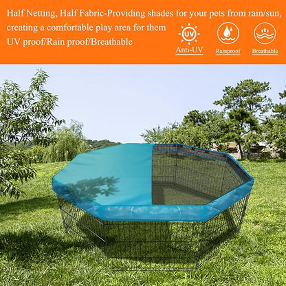 PJYuCien Dog Playpen Mesh Top Cover, Fits 24 Inch 8 Panels Regular Octagon Metal Exercise Pet Pen, Adhesive Tape Connections, Blue (Note: Cover Only, Fence Not Included)