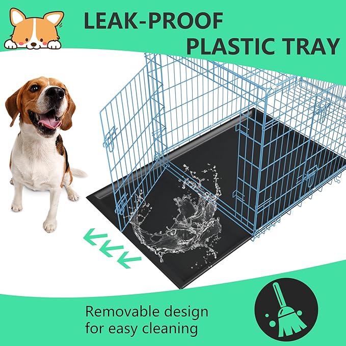 FDW 24 inch Dog Crate Dog Kennel Cage with Double Door Folding Metal Wire Dog Cage with Removable Tray&Divider Panel,Pet Crate for Small Dogs,Blue