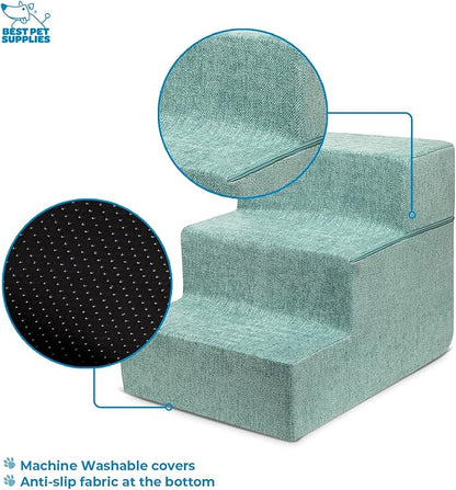 Best Pet Supplies Portable Foldable Foam Pet Stairs/Steps for Couch, Sofa, and High Bed, Non-Slip Bottom Balanced Paw Safe - Pale Teal, Foldable 3-Step (H: 16.5")