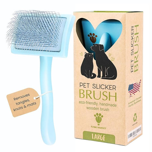 Pet Slicker Brush With Soft Massage Grooming Stainless Steel Pins - For Dematting, Shedding Fur, and Undercoat - Ideal Gift for Professional Pet Groomers - Long Slicker Brush - Flying Pawfect