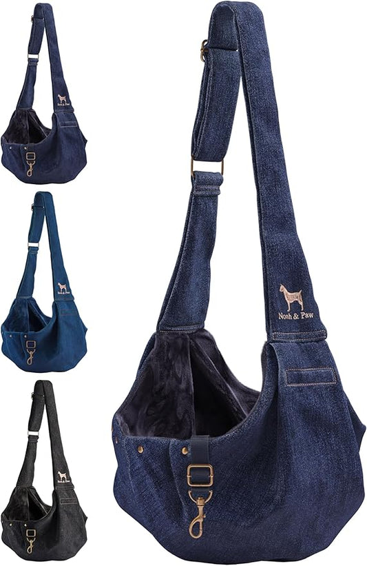 Noah & Paw Dog Sling Carrier for Small Dogs 5-18lb, Dog Sling for Small Dogs and Cats, Dog Carrier with Adjustable Padded Strap, Premium Denim, Lined with Fur, Double Safety Feature, Machine Washable