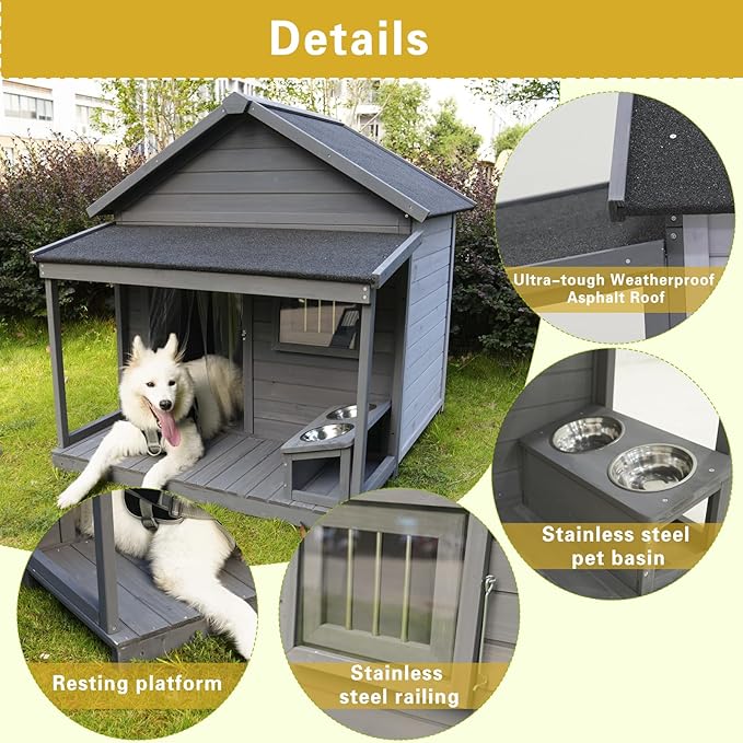 YOTPO Large Outdoor Fir Wood Dog House with Spacious Terrace,Breathable Window&2 Feeding Stainless Bowls,Dog Kennel W/Solid Asphalt Roof&Removable Floor,Dog Cage W/Resting Porch for Large Dogs,Gray