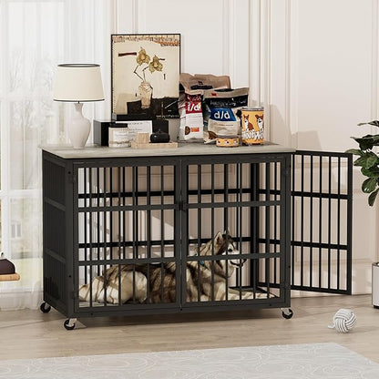 Furniture Style Dog Crate,Wrought Iron Frame with Side Openings,Wheels,Flip-Up Top,Durable and Stylish Pet Kennel for Home Use,Grey