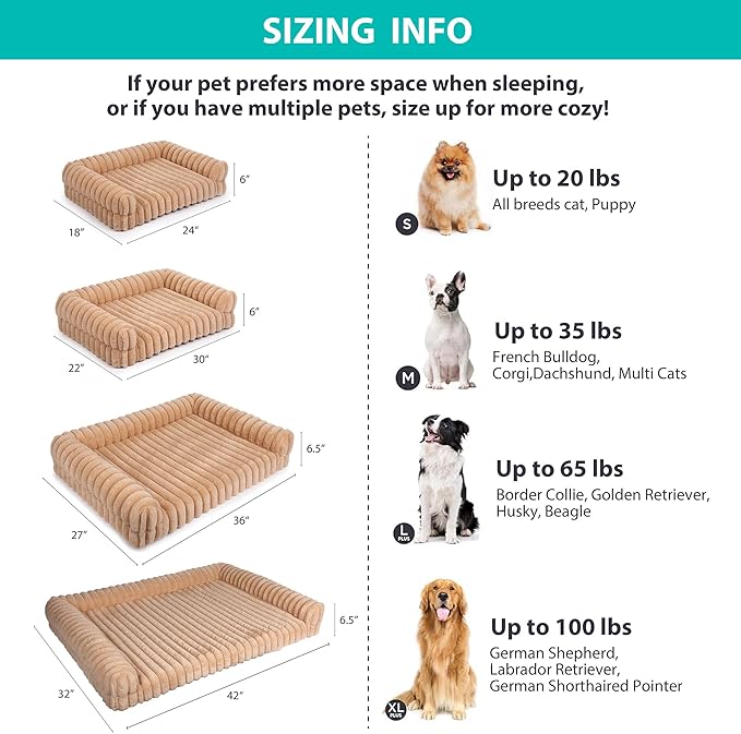 Thick Orthopedic Dog Bed for Large Dogs, Waterproof Supportive Foam Dog Sofa with Washable Cover, Faux Fur Comfy Bolster Couch Pet Beds with Nonskid Bottom (Beige, 36"x27")