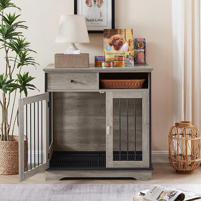 32Inch Dog Crate Wooden Lockable Dog Kennel with Removable Tray and Storage Drawer Indoor Dog Crate Furniture End Table Pet Cage 32.3'' W x 22.8'' D x 33.5'' H Grey