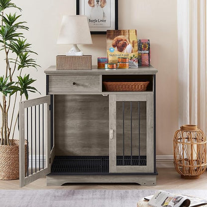 32Inch Dog Crate Wooden Lockable Dog Kennel with Removable Tray and Storage Drawer Indoor Dog Crate Furniture End Table Pet Cage 32.3'' W x 22.8'' D x 33.5'' H Grey