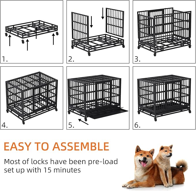 Shintenchi 38 inch Heavy Duty Crates for Large Dog, Indestructible and Escape-Proof Cage Kennel with Lockable Wheels, Double Door High Anxiety with Removable Tray, Black