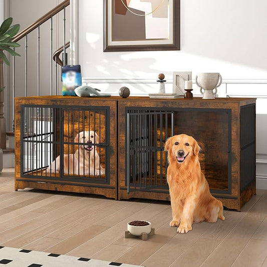 86 Inch Double Dog Crate Furniture with Divider, Large Dog Kennel Furniture for 2 Dogs with 4 Combination Forms, Brown Corner Dog Crate for Small Medium Large Dogs