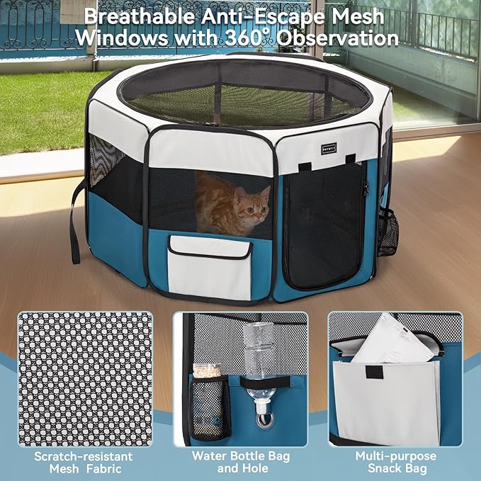 PETSFIT Portable Pet Playpen - 29" Dia, Indoor/Outdoor, For Cats, Puppies & Small Animals - Removable Zipper Mesh Top & Leakproof Bottom