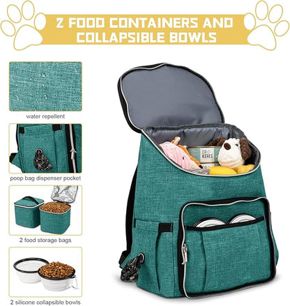 BAGLHER Travel Dog Backpack - Detachable Travel Dog Food Container for Pet Supplies Dog Gear Backpack,Dog Bag for Traveling with 2 Silicone Collapsible Bowls and 2 Food Baskets Green