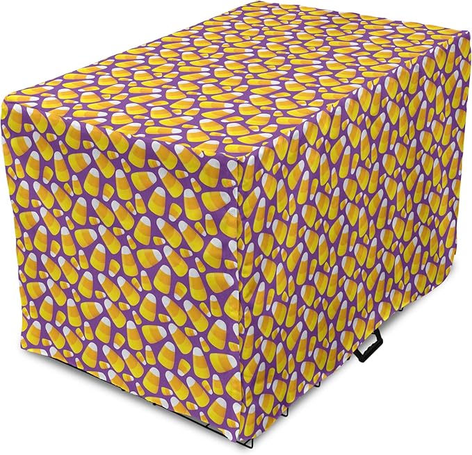 Lunarable Candy Corn Dog Crate Cover, Halloween Themed Pattern of Irregular Tasty Junk Food for Comfort, Easy to Use Pet Kennel Cover for Medium Large Dogs, 42 Inch, Violet Earth Yellow