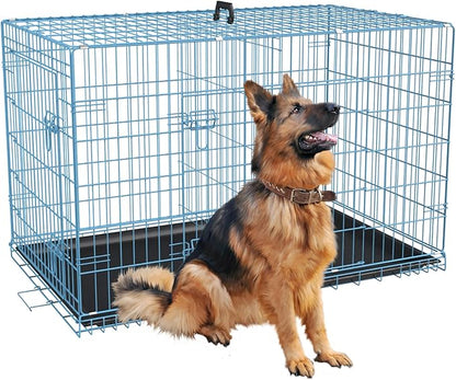 FDW Extra Large Dog Crate Dog Kennel Cage with Double Door,48 inch Folding Metal Wire Dog Cage with Removable Tray&Divider Panel,Pet Crate for Large Dogs,Blue
