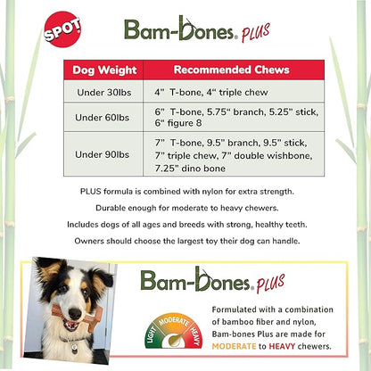 SPOT Bam-bones PLUS Branch -Bamboo Fiber & Nylon, Durable Long Lasting Dog Chew for Aggressive Chewers – Great Toy for Adult Dogs & Teething Puppies under 60lbs, Non-Splintering, 5.75in, Beef Flavor