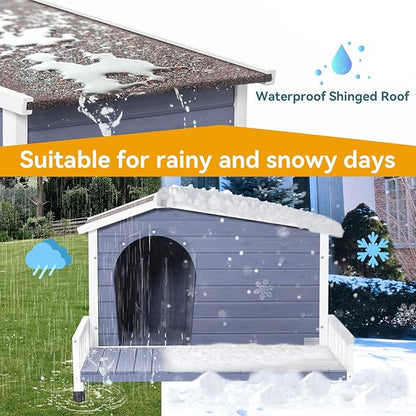 Wooden Dog House with Detachable Patio and Open Waterproof Asphalt Roof,Outdoor Dog Kennel W/Side Window,Front Door Design and PVC Door Curtain,Rainproof & Windproof Dog Cage for Pets,Gray