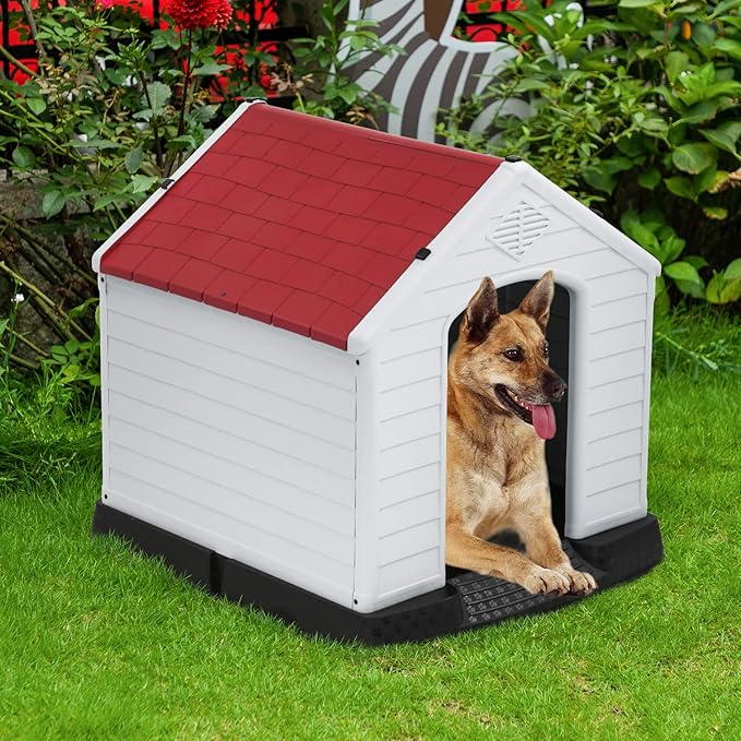 FDW Dog House Indoor Outdoor Durable Ventilate Waterproof Pet Plastic Dog House for Small Medium Large Dogs Insulated Puppy Shelter Kennel Crate with Air Vents and Elevated Floor