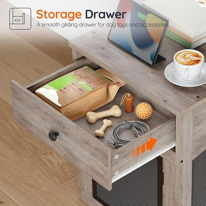 HOOBRO Dog Crate Furniture, Dog Kennel with Drawer and Charging Station, Indoor Decorative Puppy House, Wooden Pet Crate End Table for Small Dogs, Greige and Black BG58UGW03G1