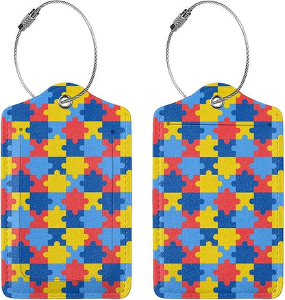 2 Pcs Autism Luggage Tag for Suitcase, Cute Autism Awareness Day Puzzle Piece Tags Birthday Gift for Men Women Outdoor Travel, Identifiers Privacy Cover ID Label with Steel Loop