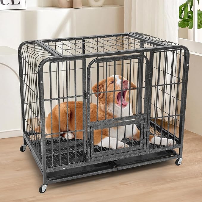 36 inch Metal Dog Crate, Dog Cage Medium Sized Dog, Heavy Duty Wire Dog Crate, High Anxiety Dog Cage Large Dogs Safe & Comfortable, Dog Kennel Indoor, Removable Cleaning Tray, 2 Lockable Wheels