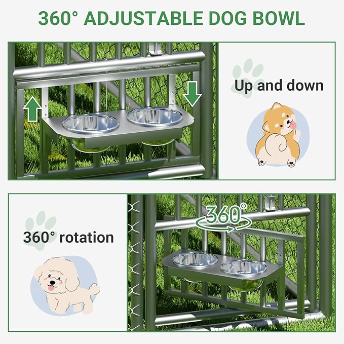 Rovibek Outdoor Dog Kennel with Roof, 6.7 X 6.7 Outside Kennel Heavy Duty Dog Run Fence with Waterproof Sun-Proof Cover, Outside Dog Playpen with 2 Stainless Steel Bowls