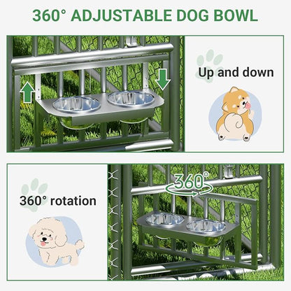 Rovibek Outdoor Dog Kennel with Roof, 6.7 X 6.7 Outside Kennel Heavy Duty Dog Run Fence with Waterproof Sun-Proof Cover, Outside Dog Playpen with 2 Stainless Steel Bowls