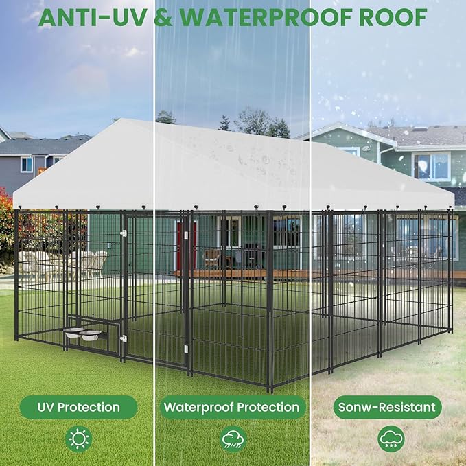Outdoor Large Dog Kennel - 10 x 10 Covered Dog Kennels with Feeding Door and Double Lock, Welded Wire Dog Kennel, XL Outside Dog Cage for Large Dogs
