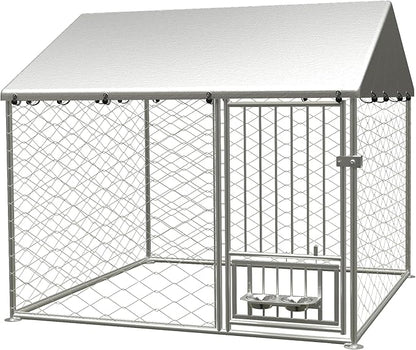 Large Outdoor Dog Kennel, Heavy Duty Galvanized Steel Dog Enclosure with Swivel Feeder, Chicken Coop w/Waterproof UV-Resistant Cover, Lockable Door Chain Link for Backyard (80" L x 80" W x 60" H)
