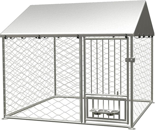 Large Outdoor Dog Kennel, Heavy Duty Galvanized Steel Dog Enclosure with Swivel Feeder, Chicken Coop w/Waterproof UV-Resistant Cover, Lockable Door Chain Link for Backyard (80" L x 80" W x 60" H)