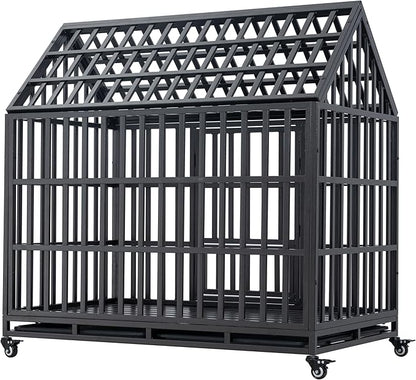Goohome 47.24 Inch Heavy Duty Dog Crate Cage Kennel with Wheels, High Anxiety Indestructible, Sturdy Locks Design, Extra Large Crate Indoor for Large Dog with Roof & Window on Roof