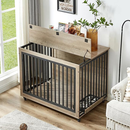 Dog Crate Furniture, Dog House Indoor with Feeding Bowl and Wheels, Wood Dog Crate Dog Kennels Decorative Dog Crate for Small Medium Dogs Grey 43.7" W x 30" D x 33.7" H One Size