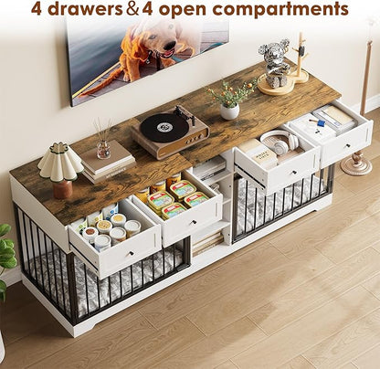 IDEALHOUSE 82” Large Dog Crate for 2 Dogs, Dog Kennel Indoor with 4 Drawers and Shelves, Double Dog Crate Furniture TV Stand, Wooden Heavy Duty Dog Crate for Medium Large Dogs, White