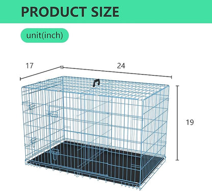 FDW 24 inch Dog Crate Dog Kennel Cage with Double Door Folding Metal Wire Dog Cage with Removable Tray&Divider Panel,Pet Crate for Small Dogs,Blue