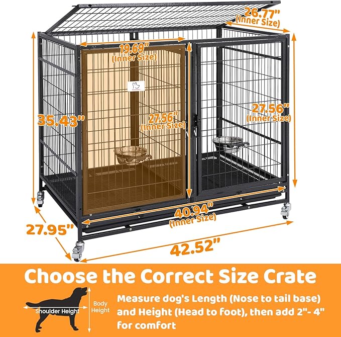 Homey Pet Stackable 43 inch Dog Crate Cage Kennel Indoor with Divider, 2X Steel Bowls, 4X Lockable Wheels, Tray, Heavy Duty Wire Dog Crates for Large/Medium/Small Dogs (Tall Model)