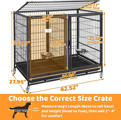 Homey Pet Stackable 43 inch Dog Crate Cage Kennel Indoor with Divider, 2X Steel Bowls, 4X Lockable Wheels, Tray, Heavy Duty Wire Dog Crates for Large/Medium/Small Dogs (Tall Model)