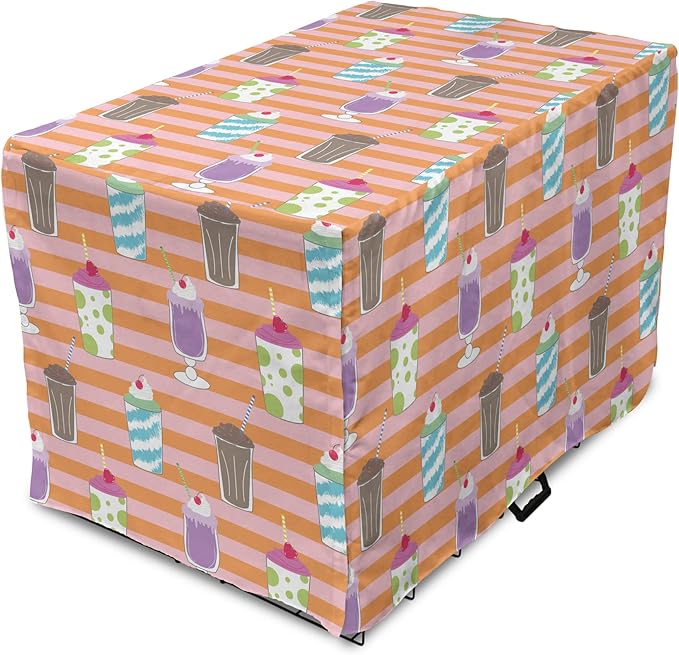 Lunarable Drinks Dog Crate Cover, Colorful Ice Cream Milkshake Creamy on a Striped Background, Easy to Use Pet Kennel Cover for Small Dogs Puppies Kittens, 18 Inch, Salmon Pale Pink