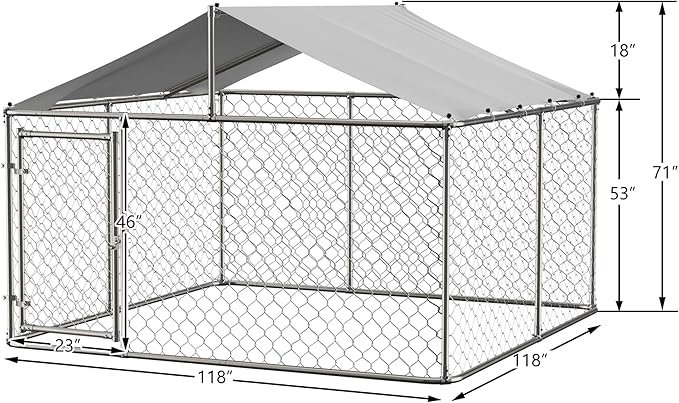 Large Outdoor Dog Kennel, Heavy Duty Galvanized Steel Dog Enclosure, Chicken Coop w/Waterproof UV-Resistant Cover, Lockable Door Chain Link for Small & Large Pets, Backyard (118" L x 118" W x 71" H)
