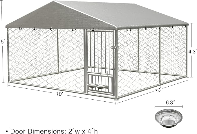 Large Outdoor Dog Kennel, Heavy Duty Galvanized Steel Dog Enclosure with Swivel Feeder, Chicken Coop w/Waterproof UV-Resistant Cover, Lockable Door Chain Link for Backyard (118" L x 118" W x 60" H)