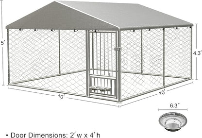 Large Outdoor Dog Kennel, Heavy Duty Galvanized Steel Dog Enclosure with Swivel Feeder, Chicken Coop w/Waterproof UV-Resistant Cover, Lockable Door Chain Link for Backyard (118" L x 118" W x 60" H)
