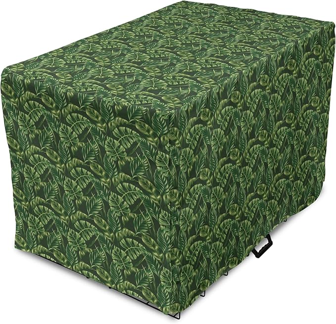 Lunarable Hunter Green Dog Crate Cover, Tropical Palm Leaves Exotic Plants Hawaiian Trees Jungle Natural Design, Easy to Use Pet Kennel Cover for Small Dogs Puppies Kittens, 18 Inch, Fern Green